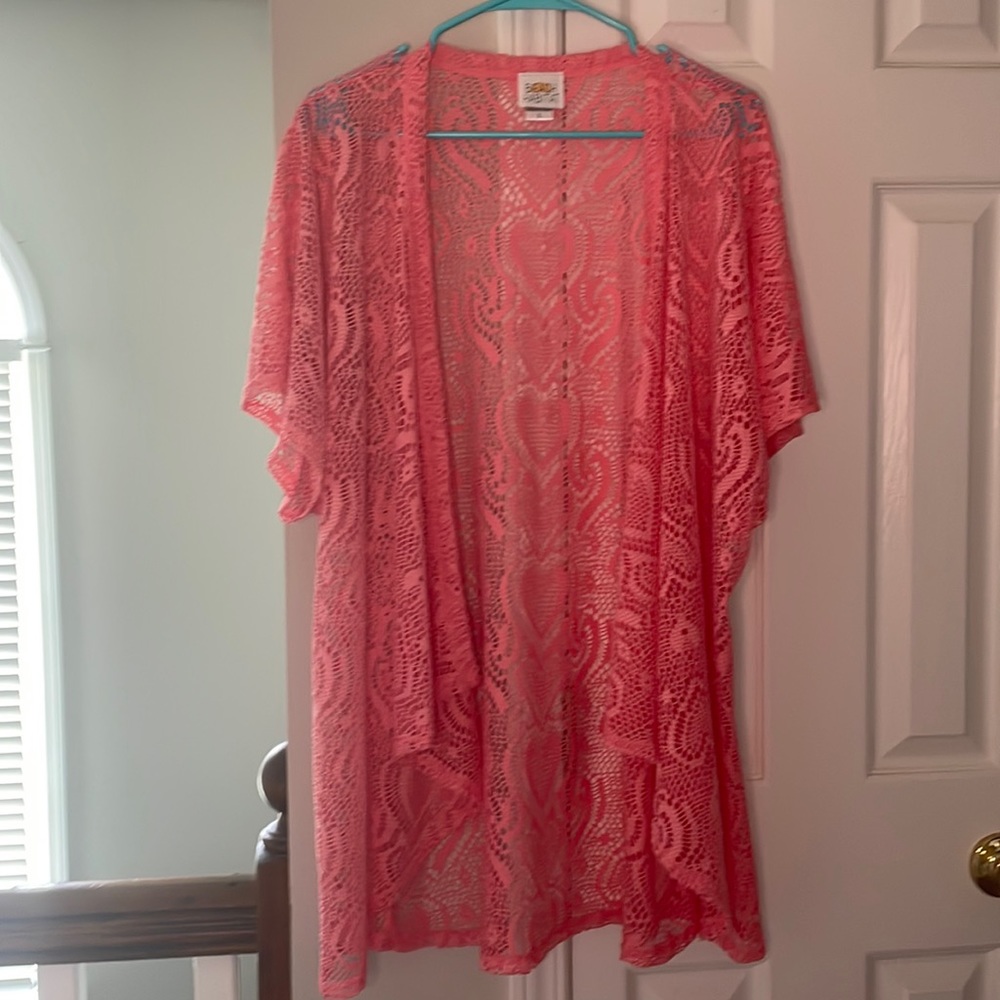 BEACH HABITAT: Coral Crochet kimono BEACH COVER UP Size Large